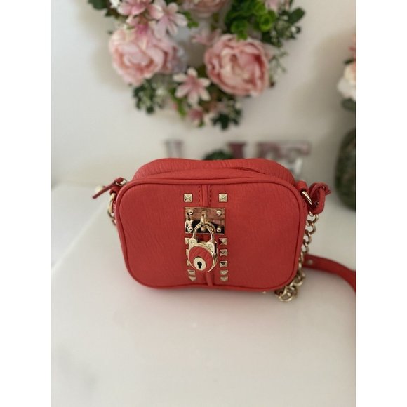 Vtg Crossbody Bag Orange Purse Partial Chain Strap Small Locket Studs Accents - Picture 14 of 16